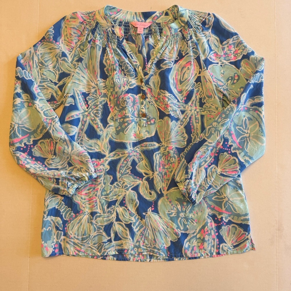 Lilly Pulitzer Into the Deep Elsa‎ Blue 100% Silk Blouse Top XS